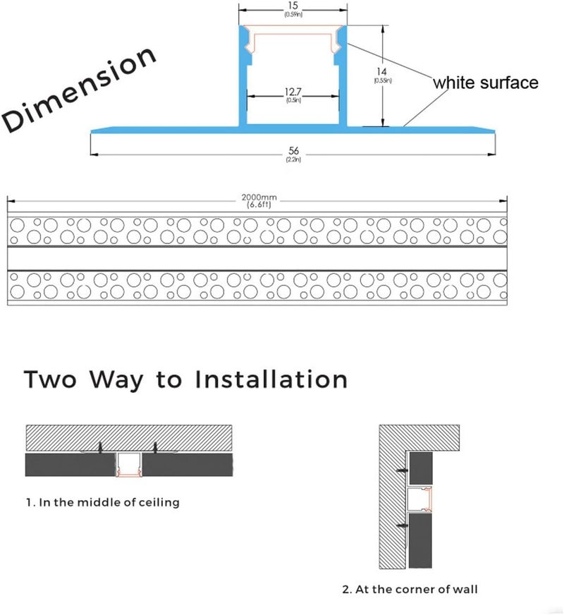 LIGHTOTECH 6Pack 6.6FT/2 Meter Plaster-in LED Drywall Aluminum Channel with Flange for 12mm Strip Lights, Recessed Aluminium LED Profile with Clip-in Diffuser and End Caps - Image 2